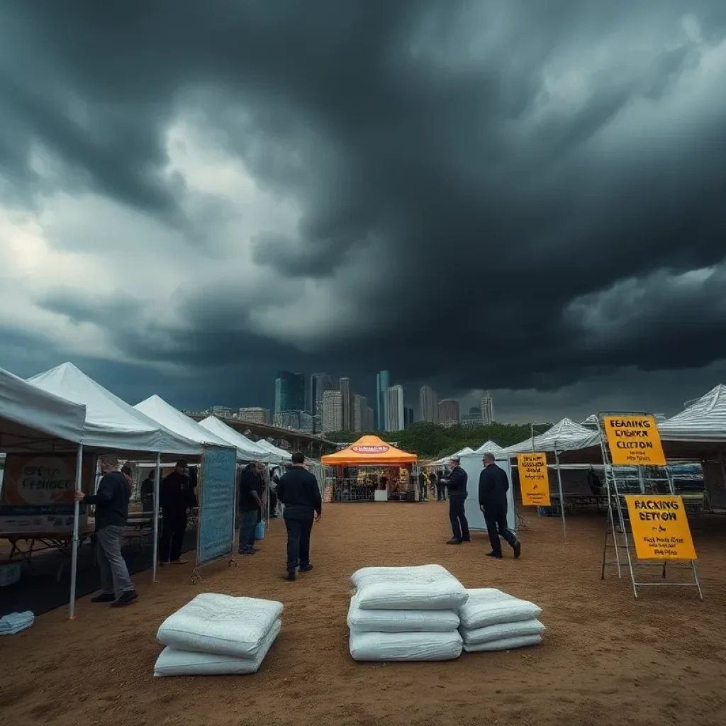 Event staff securing tents under stormy skies at a Kansas City outdoor venue