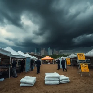Event staff securing tents under stormy skies at a Kansas City outdoor venue