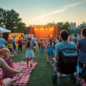 Families watching an outdoor concert on a grassy lawn with a lit stage and city skyline in the background