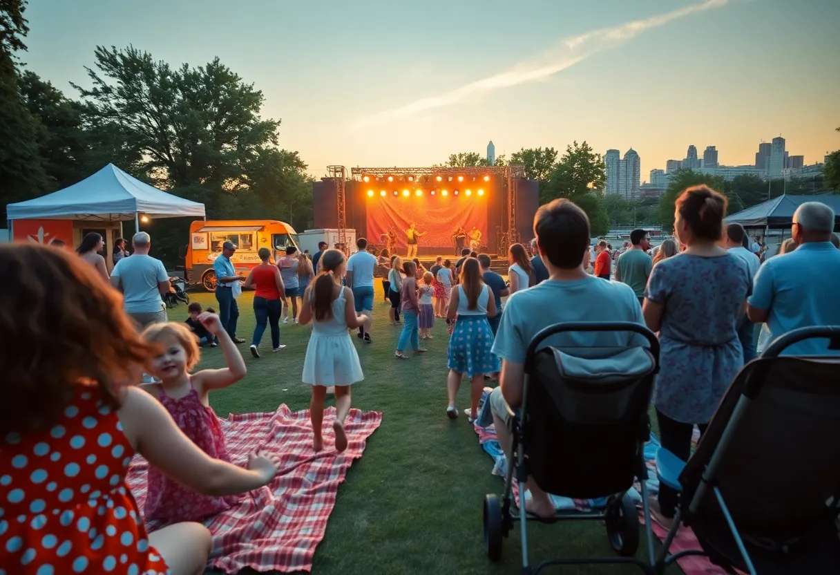 Families watching an outdoor concert on a grassy lawn with a lit stage and city skyline in the background