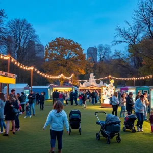 Families at an outdoor Kansas City festival with string lights, food stalls, children playing, and illuminated sculptures in the background