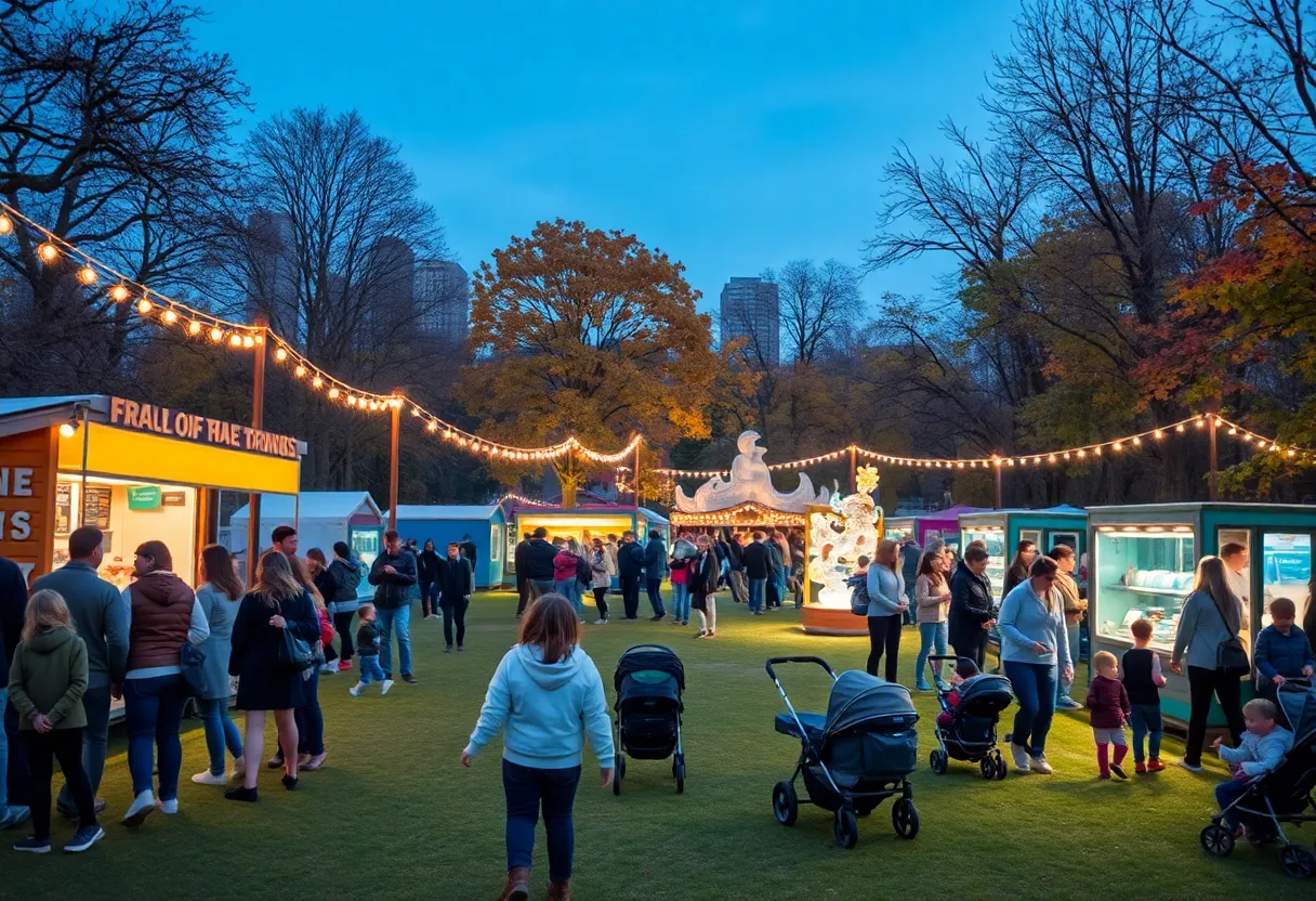 Families at an outdoor Kansas City festival with string lights, food stalls, children playing, and illuminated sculptures in the background
