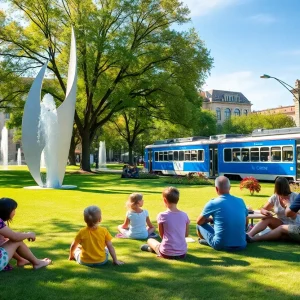 Families enjoying a sunny day on a museum lawn with outdoor sculptures, fountains and a streetcar passing nearby in Kansas City