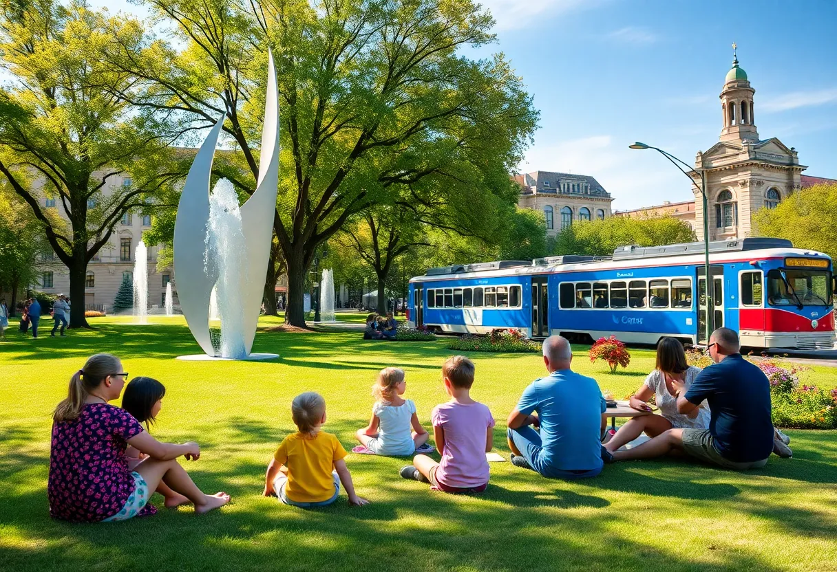 Families enjoying a sunny day on a museum lawn with outdoor sculptures, fountains and a streetcar passing nearby in Kansas City