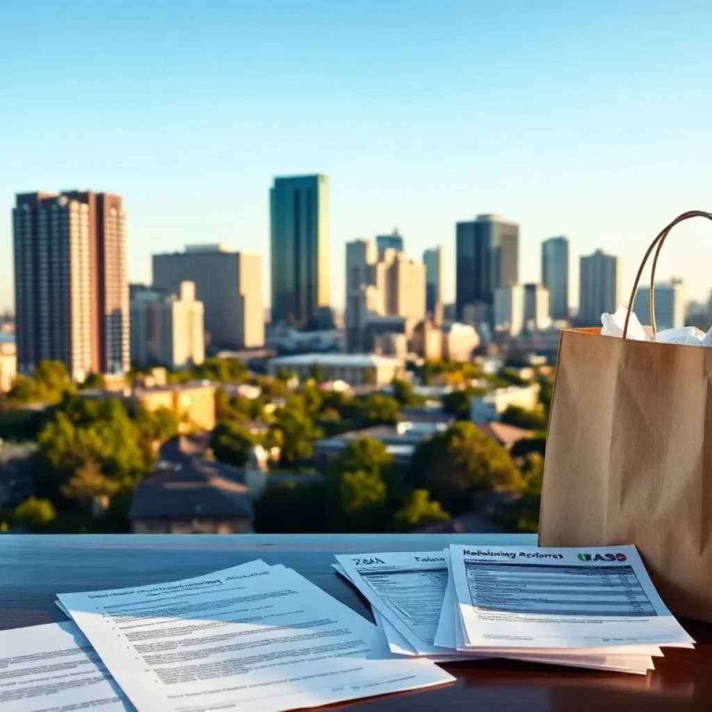 Kansas City skyline with apartment buildings, rental agreement, tax forms and shopping bag symbolizing housing and tax changes