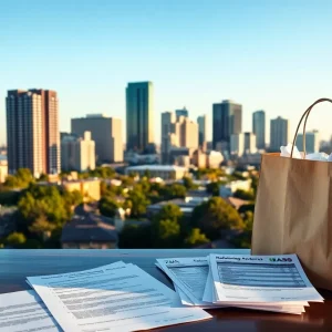 Kansas City skyline with apartment buildings, rental agreement, tax forms and shopping bag symbolizing housing and tax changes
