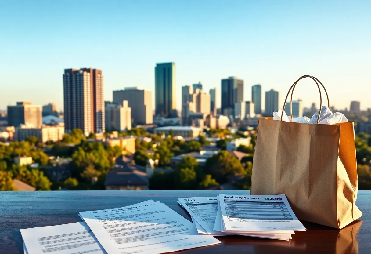 Kansas City skyline with apartment buildings, rental agreement, tax forms and shopping bag symbolizing housing and tax changes