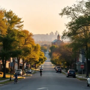 Tree-lined Kansas City street with mixed housing and distant skyline