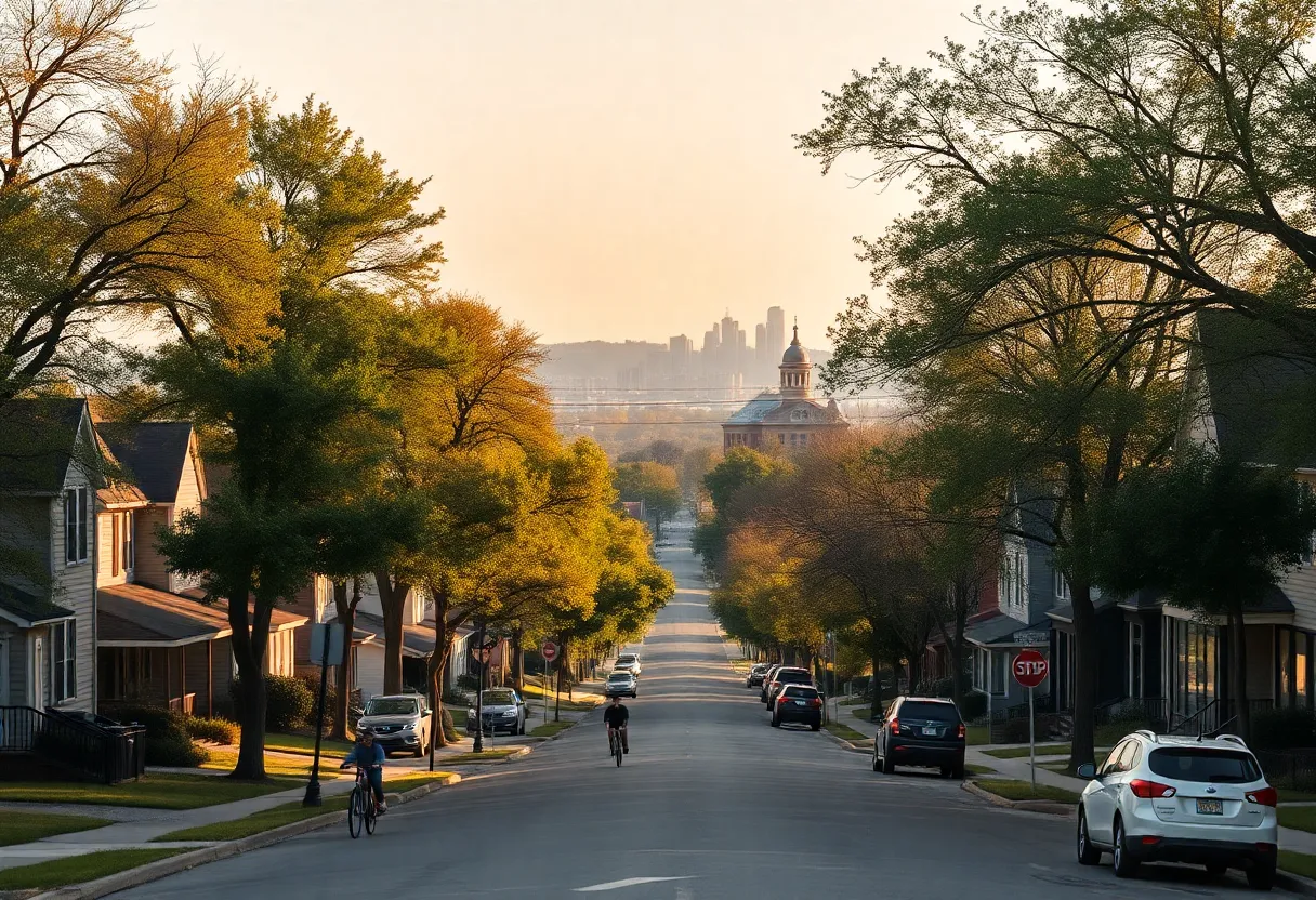 Tree-lined Kansas City street with mixed housing and distant skyline