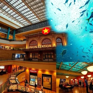Interior montage of Kansas City indoor attractions including museum galleries, an aquarium tunnel, and a concert hall on a rainy day