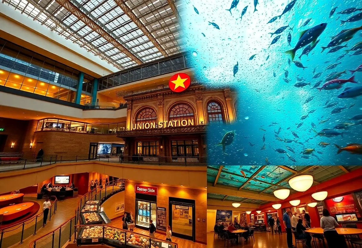 Interior montage of Kansas City indoor attractions including museum galleries, an aquarium tunnel, and a concert hall on a rainy day