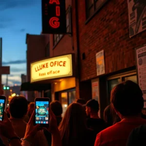 Crowd outside a Kansas City music venue at dusk with people checking tickets on smartphones