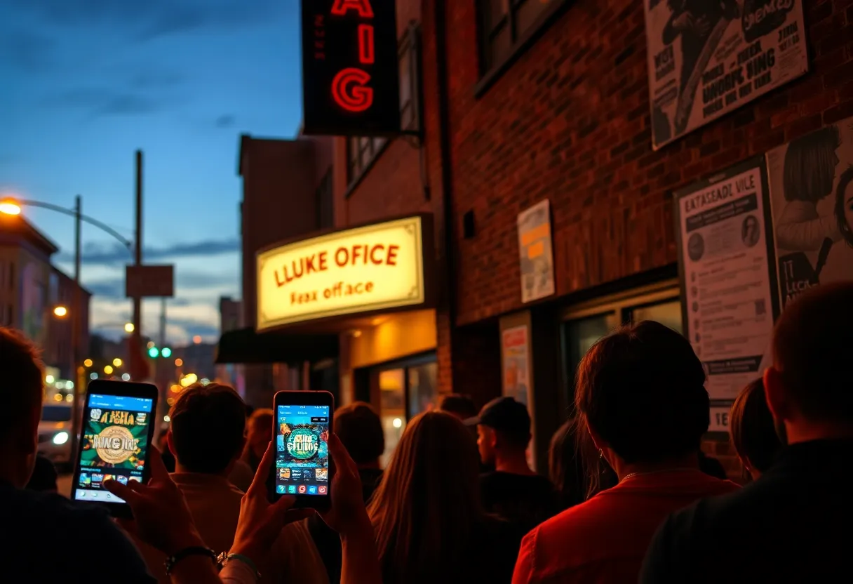 Crowd outside a Kansas City music venue at dusk with people checking tickets on smartphones