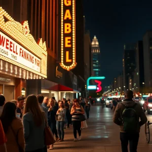 Crowd outside a Kansas City venue at night checking tickets on phones under a glowing marquee