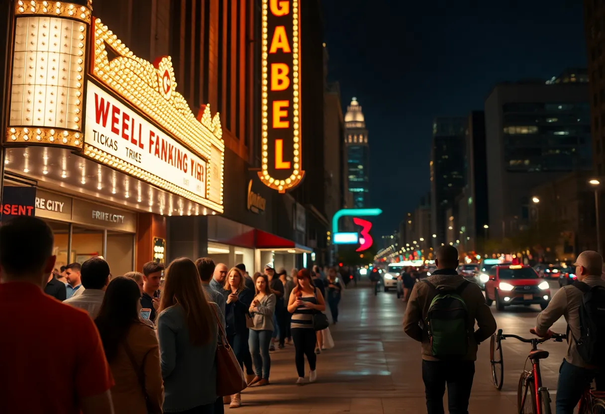 Crowd outside a Kansas City venue at night checking tickets on phones under a glowing marquee