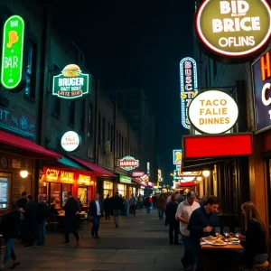 Neon-lit Kansas City bars and late-night diners with plates of tacos and burgers and warm interior lighting