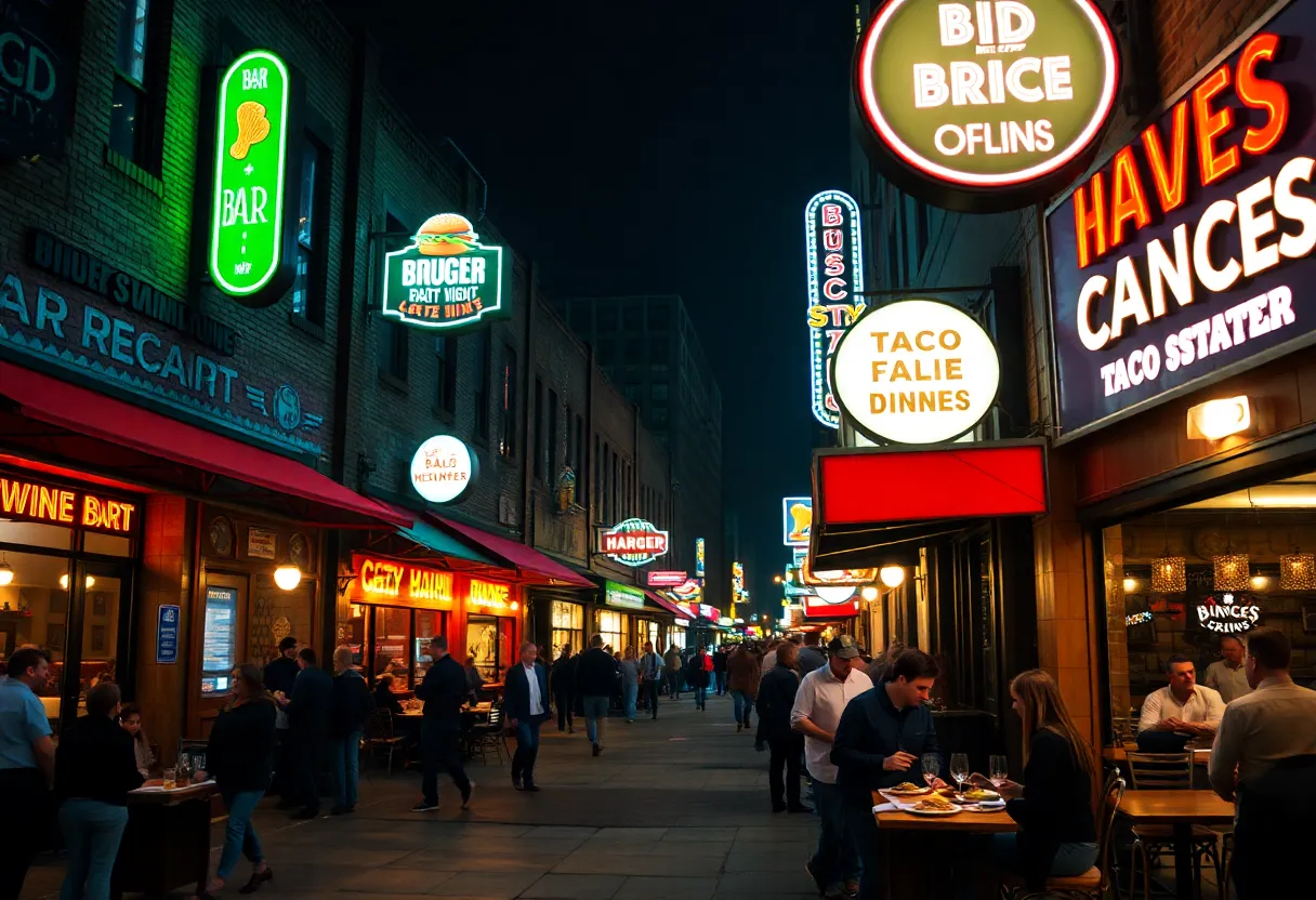 Neon-lit Kansas City bars and late-night diners with plates of tacos and burgers and warm interior lighting