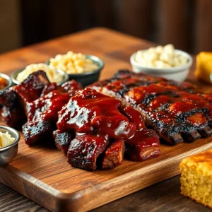 Glazed Kansas City burnt ends beside dry-rubbed Memphis-style ribs with coleslaw and baked beans