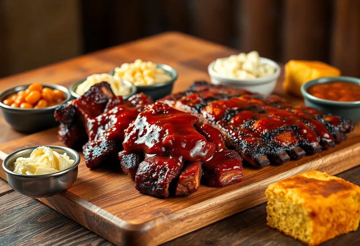 Glazed Kansas City burnt ends beside dry-rubbed Memphis-style ribs with coleslaw and baked beans