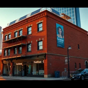Kansas City skyline with historic brick building under renovation and new storefronts