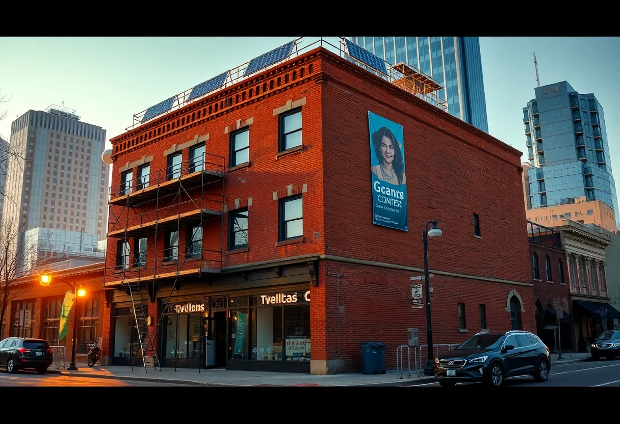 Kansas City skyline with historic brick building under renovation and new storefronts