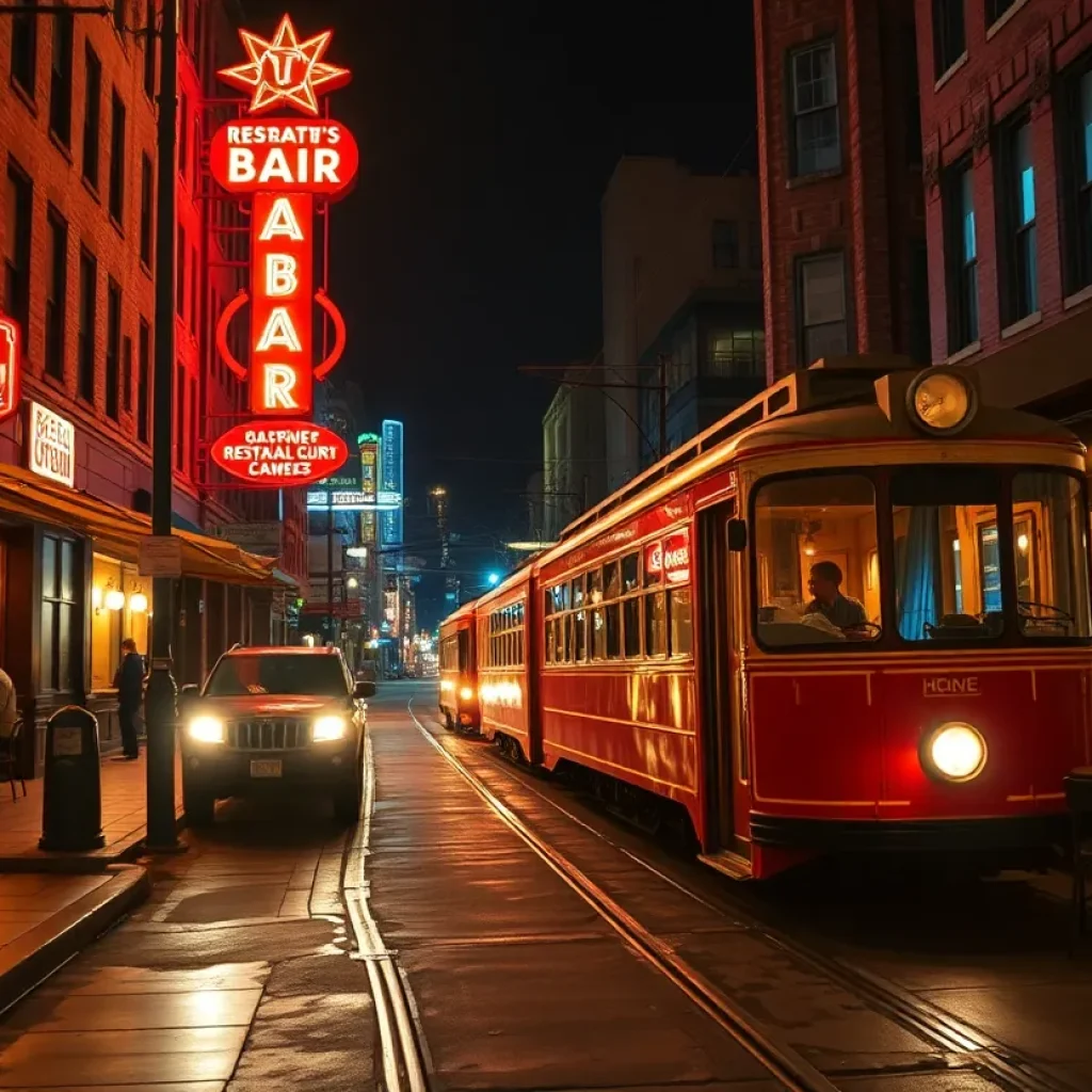Downtown Kansas City at night with neon bar signs, streetcar and silhouettes of people enjoying after-hours