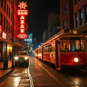 Downtown Kansas City at night with neon bar signs, streetcar and silhouettes of people enjoying after-hours