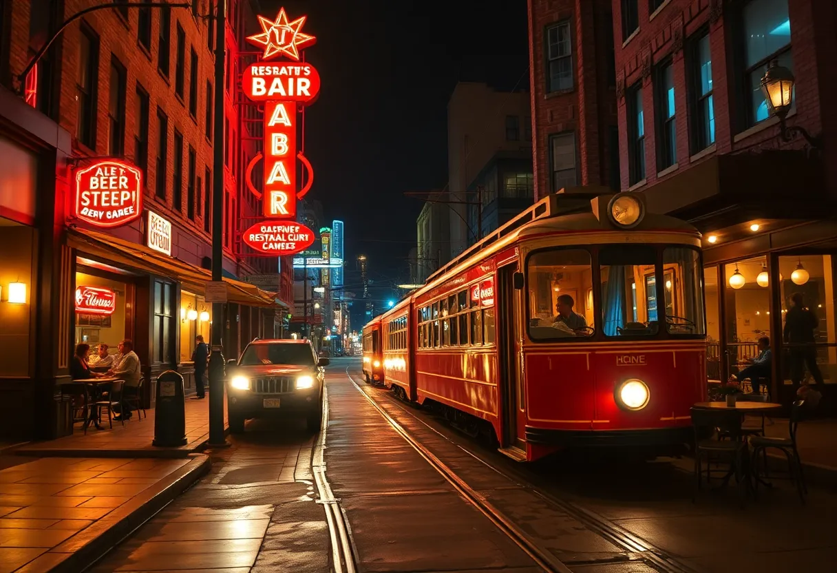 Downtown Kansas City at night with neon bar signs, streetcar and silhouettes of people enjoying after-hours