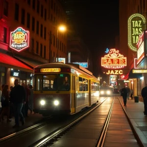 Kansas City street at night with KC Streetcar, neon signs and nightlife crowds