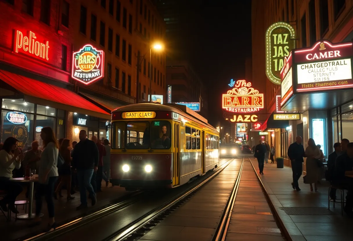 Kansas City street at night with KC Streetcar, neon signs and nightlife crowds