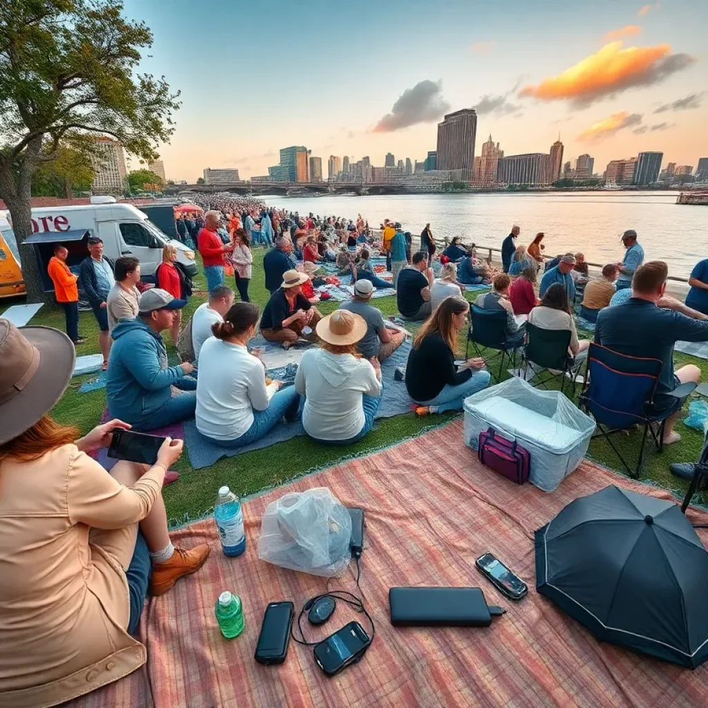 Crowd at a Kansas City outdoor festival with skyline, picnic blankets, umbrellas, and sun protection visible