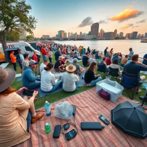 Crowd at a Kansas City outdoor festival with skyline, picnic blankets, umbrellas, and sun protection visible