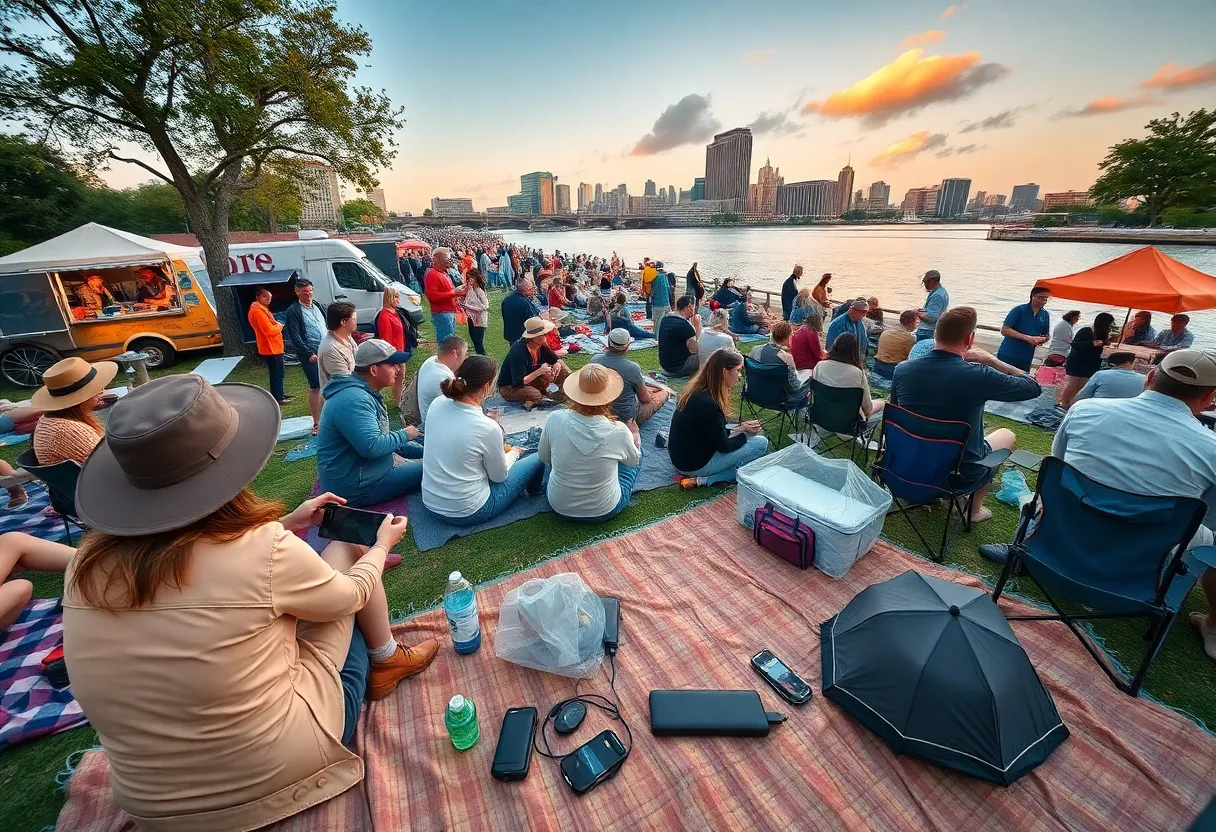 Crowd at a Kansas City outdoor festival with skyline, picnic blankets, umbrellas, and sun protection visible