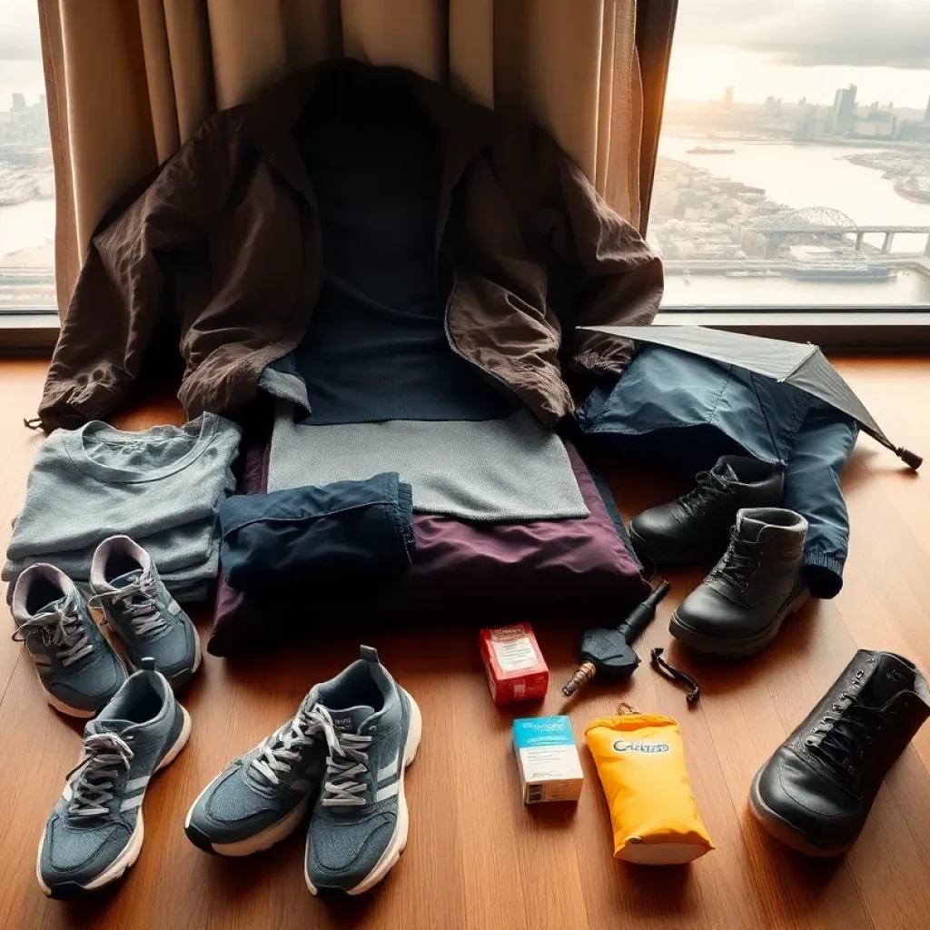 Travel packing layout with layers, waterproof jacket, shoes, umbrella and skyline view