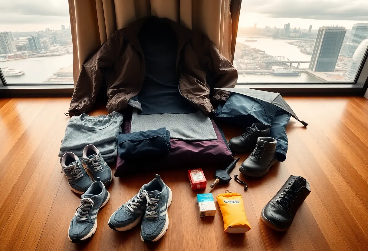 Travel packing layout with layers, waterproof jacket, shoes, umbrella and skyline view