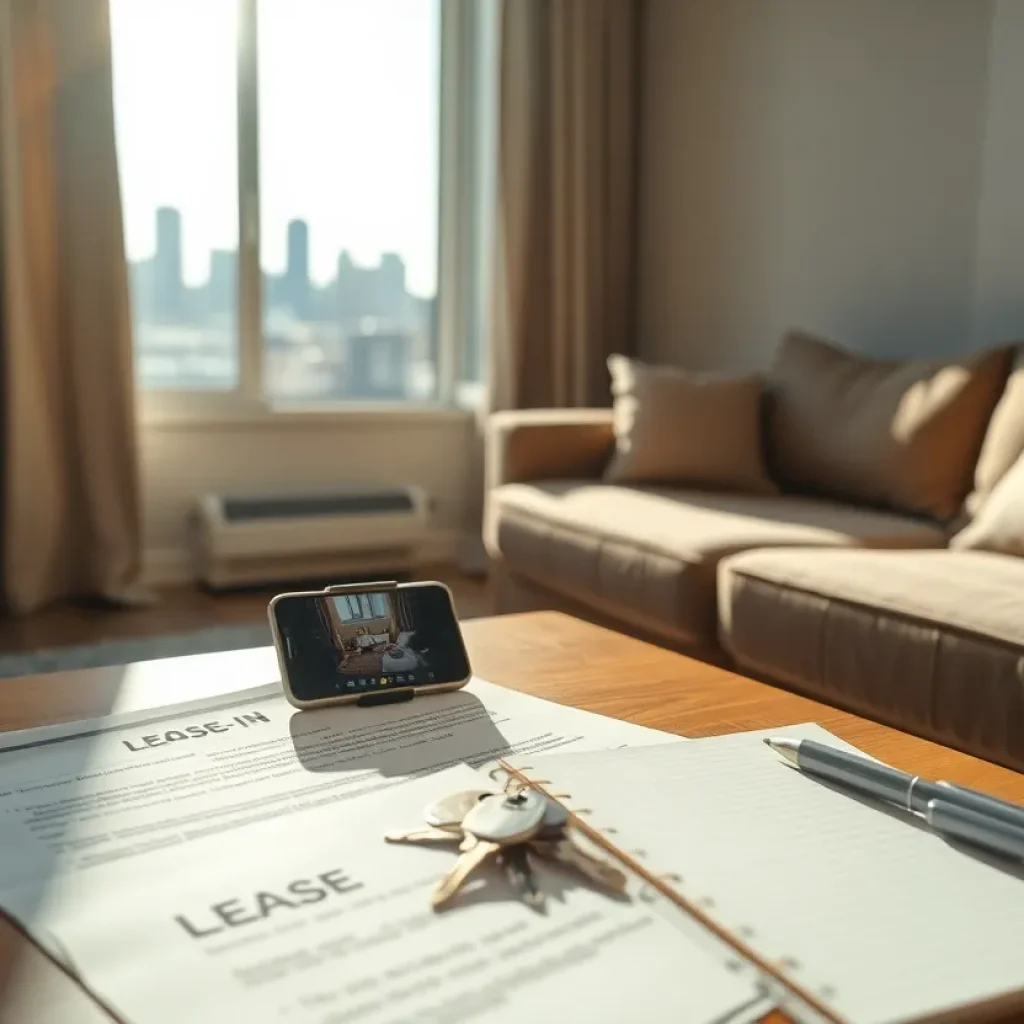 Lease papers, keys, and a smartphone showing move-in photos on a table with Kansas City skyline visible through a window