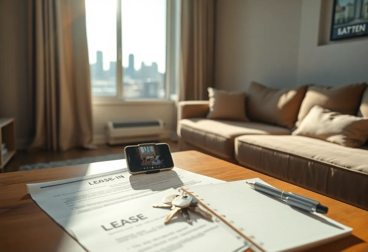 Lease papers, keys, and a smartphone showing move-in photos on a table with Kansas City skyline visible through a window