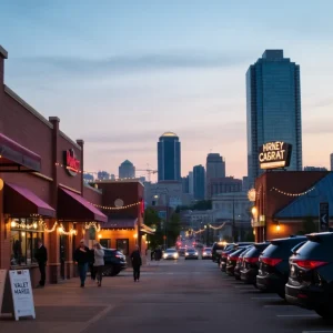 Exterior view of Kansas City restaurants with visible parking lots and patrons arriving at dusk