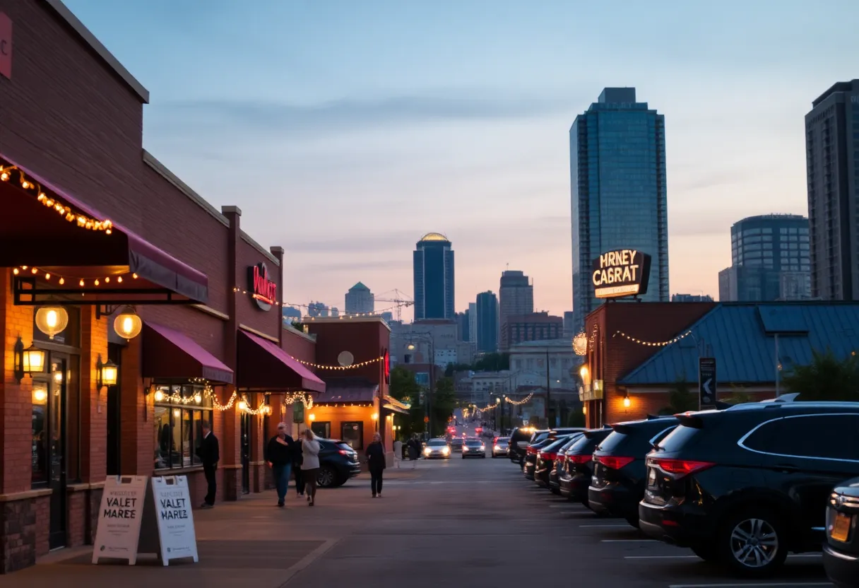 Exterior view of Kansas City restaurants with visible parking lots and patrons arriving at dusk