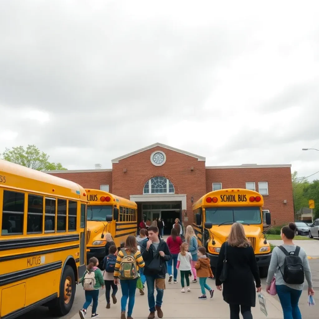 School buses parked outside a Kansas City public school with families and staff nearby