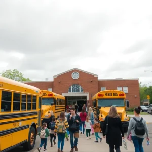 School buses parked outside a Kansas City public school with families and staff nearby