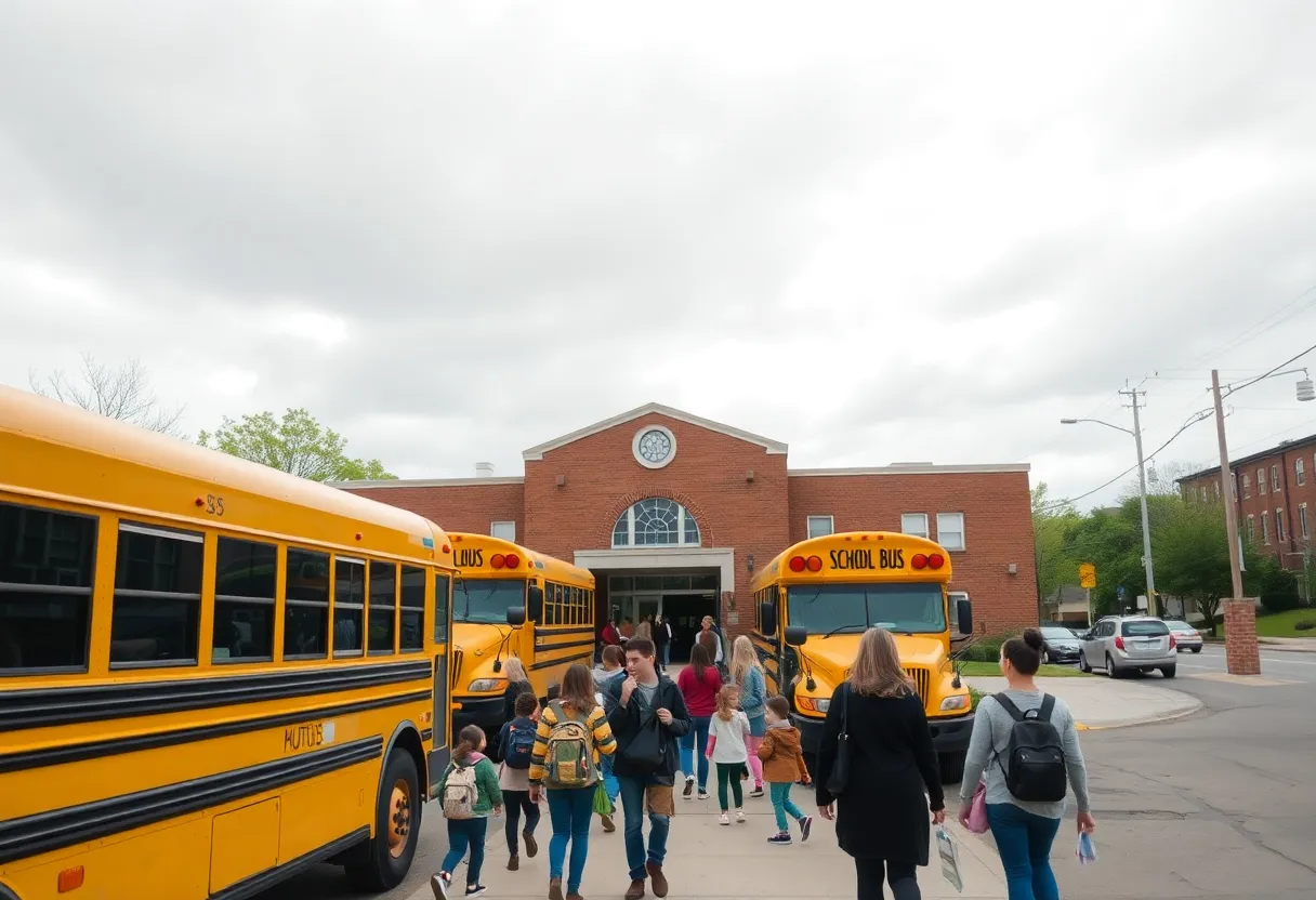 School buses parked outside a Kansas City public school with families and staff nearby