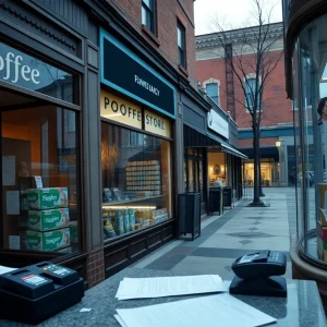 Kansas City small business district with storefronts, pharmacy displays and a POS terminal on a counter
