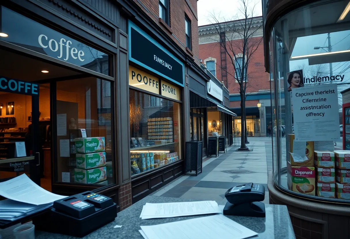 Kansas City small business district with storefronts, pharmacy displays and a POS terminal on a counter
