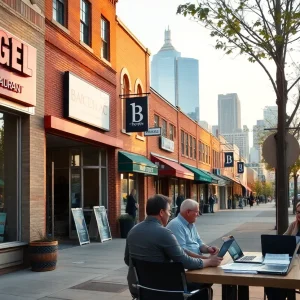 Kansas City storefronts with small business owners reviewing policy documents at a sidewalk table