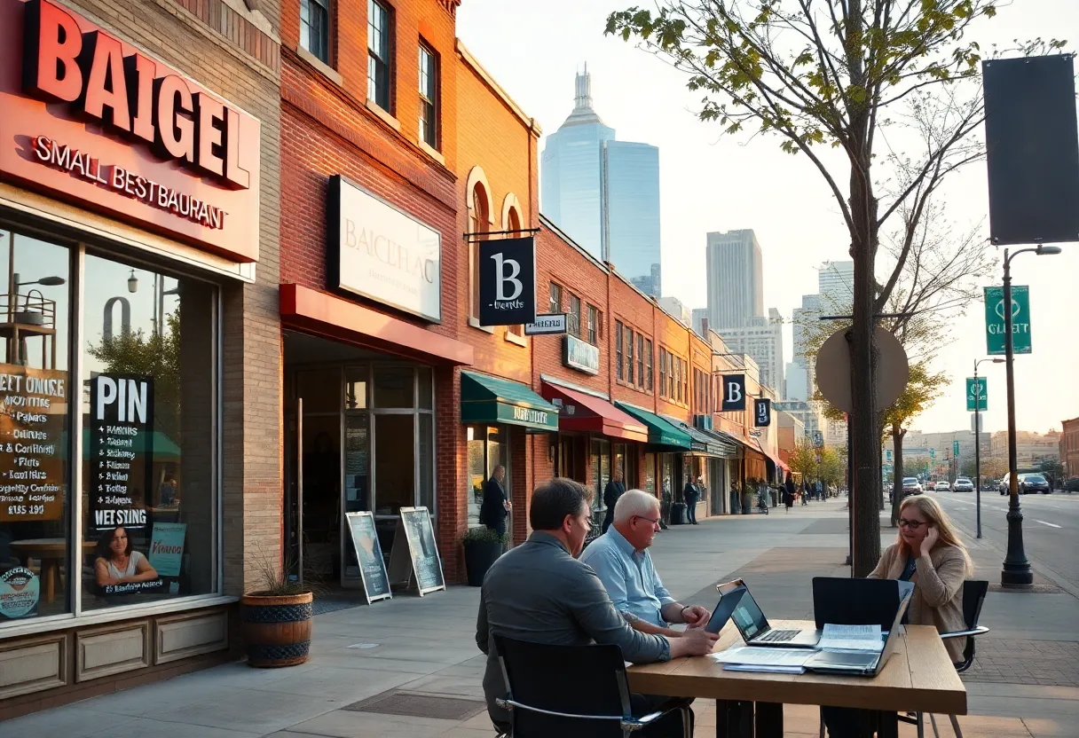 Kansas City storefronts with small business owners reviewing policy documents at a sidewalk table