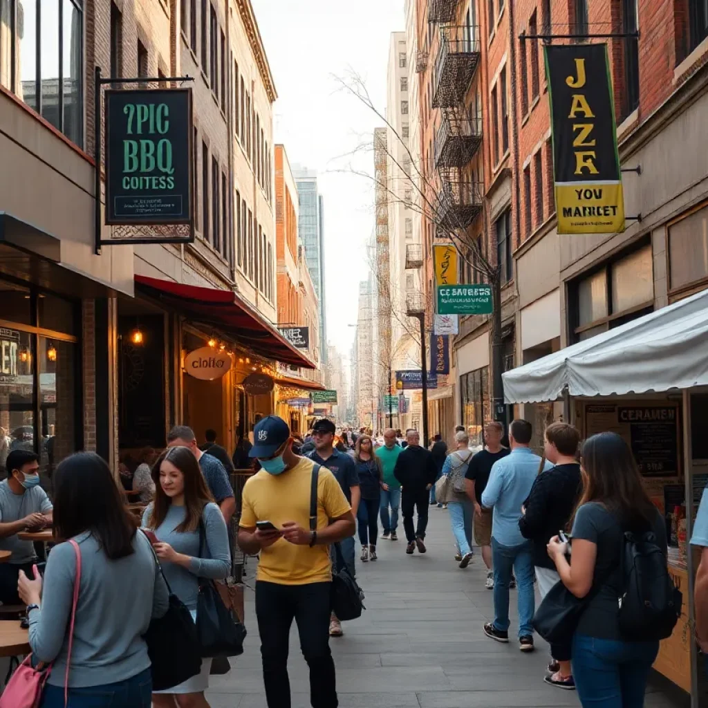 Kansas City storefronts and pop-up stalls with customers using mobile phones and contactless payments