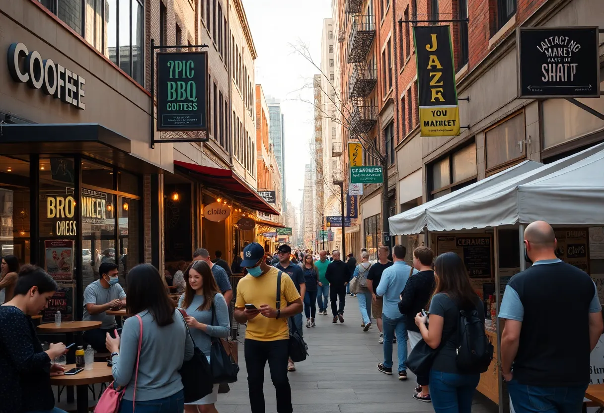 Kansas City storefronts and pop-up stalls with customers using mobile phones and contactless payments