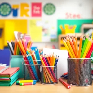 Colorful school supplies in a classroom setting