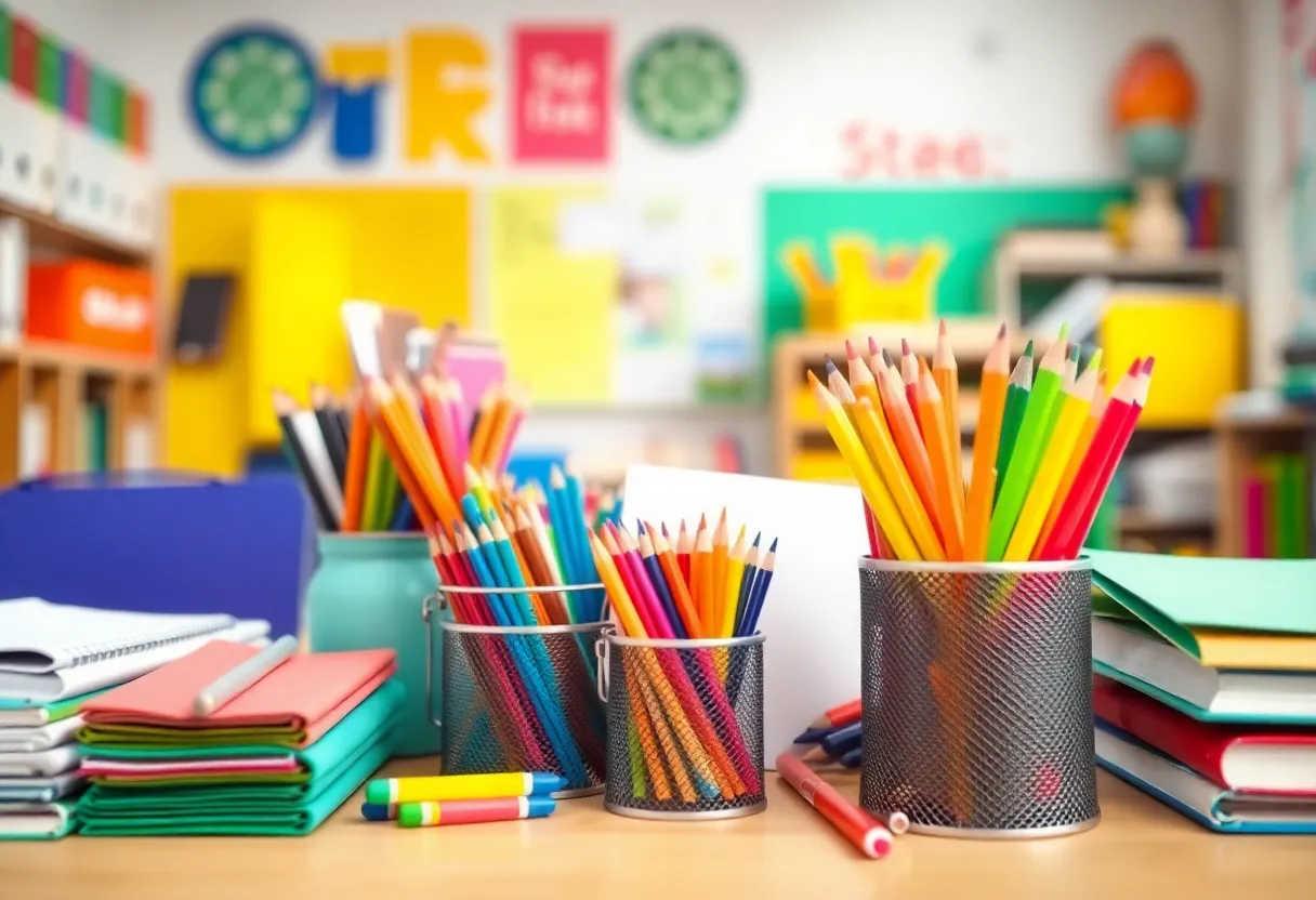 Colorful school supplies in a classroom setting